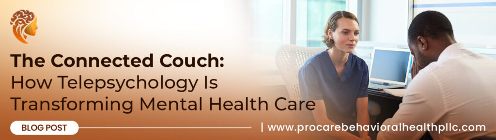A professional holds a patient's hand in a caring gesture, illustrating how telepsychology is transforming mental health care and creating a connected couch experience.