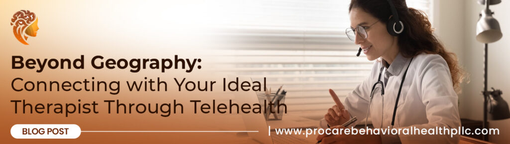 A professional wearing a headset smiles at a laptop screen, highlighting how telehealth allows you to connect with your ideal therapist beyond geography.