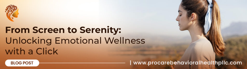 
A woman meditates outdoors with her eyes closed, symbolizing the transition from a screen to serenity and unlocking emotional wellness with a click.