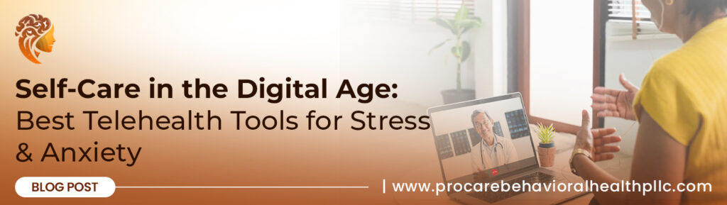 A professional consults with a patient via laptop, showcasing the best telehealth tools for stress and anxiety and promoting self-care in the digital age.