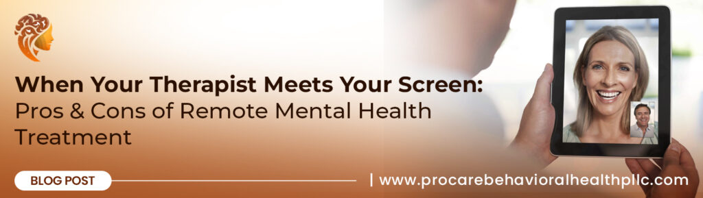 
A smiling therapist is displayed on a tablet during a remote mental health treatment session, illustrating the pros and cons of when your therapist meets your screen.
