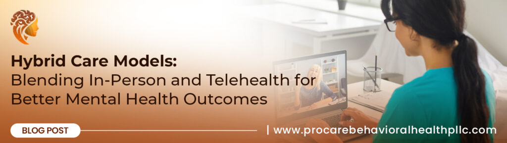 A healthcare professional on a laptop has a video call with a smiling, older patient, illustrating hybrid care models that blend in-person and telehealth for better mental health outcomes.